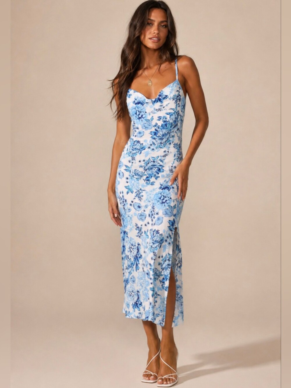 Petal and pup yelena blue floral print cowl slip midi dress NWT US SZ 2